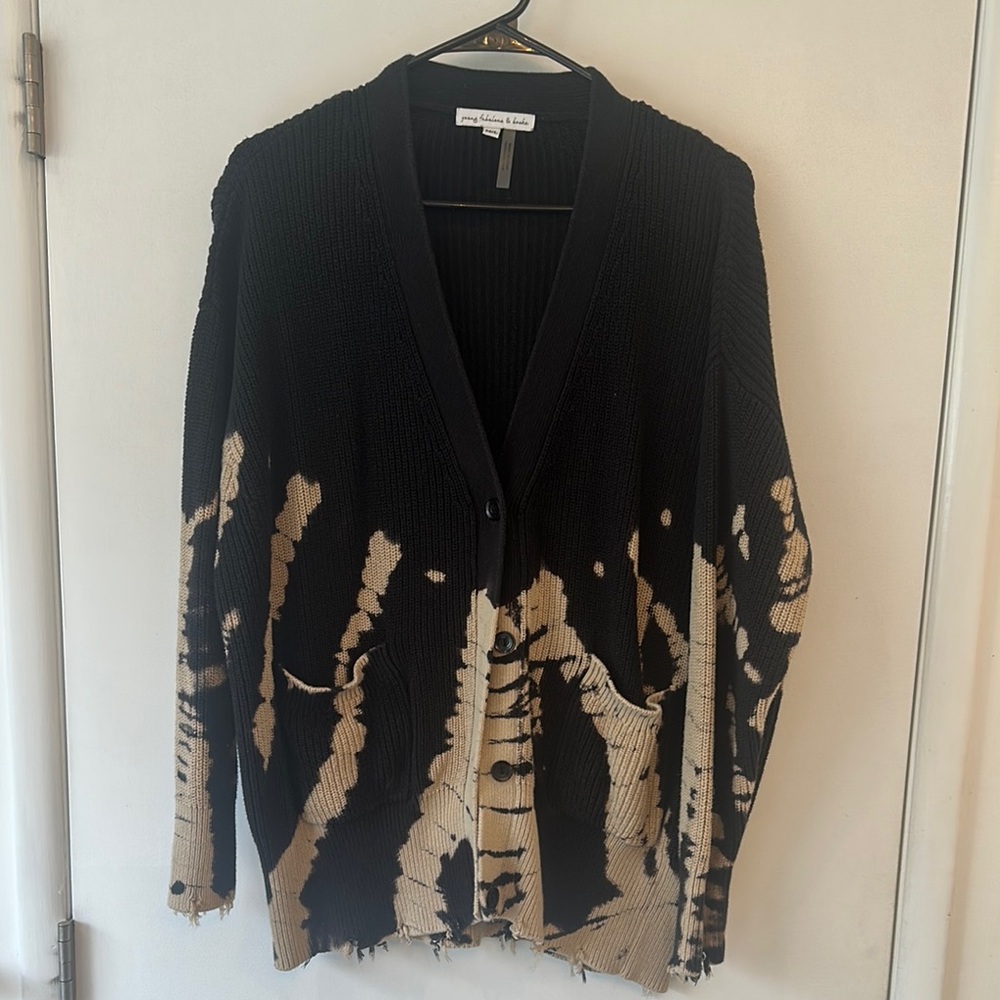 Young Fabulous & Broke Black and Beige Distressed Knit Cardigan